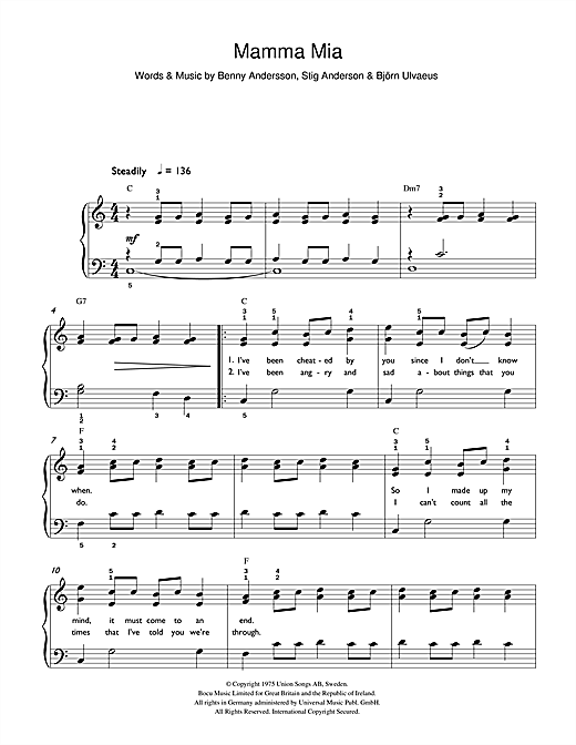 ABBA Mamma Mia sheet music notes and chords arranged for Easy Piano