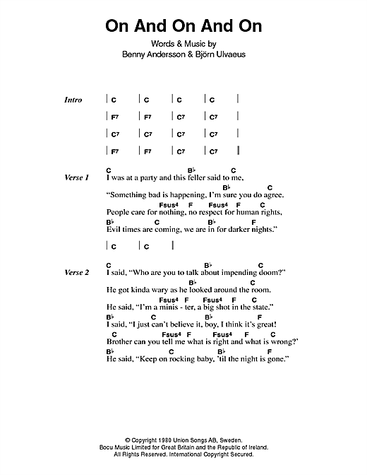 Abba On And On And On Sheet Music And Chords For Guitar Chords Lyrics Download Pdf Score 3