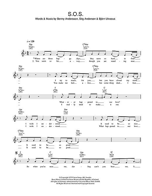 Learn to play ABBA S.O.S. sheet music for Lead Sheet / Fake Book in minutes. ABBA S.O.S. sheet music notes and chords. Download Printable PDF.