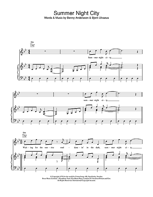 ABBA Summer Night City sheet music notes and chords. Download Printable PDF.