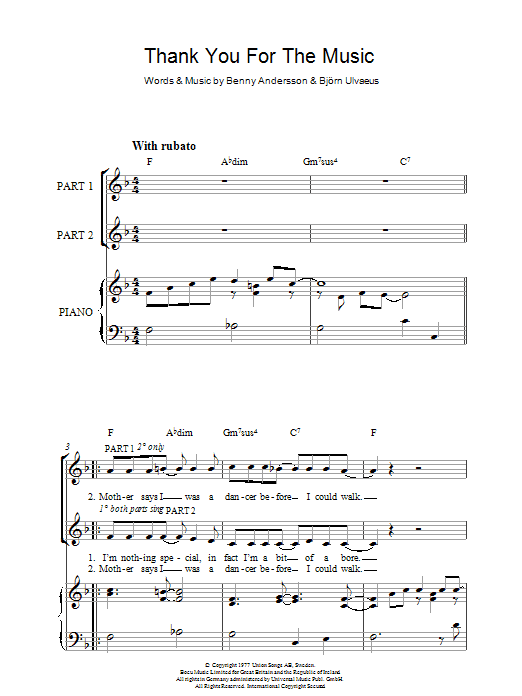 Abba Thank You For The Music Sheet Music Pdf Notes Chords Pop Score 2 Part Choir Download Printable Sku