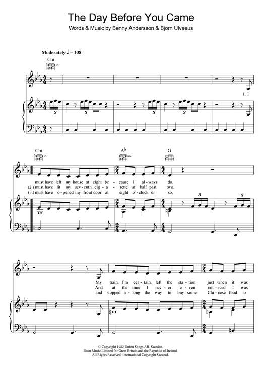 ABBA The Day Before You Came sheet music notes and chords. Download Printable PDF.