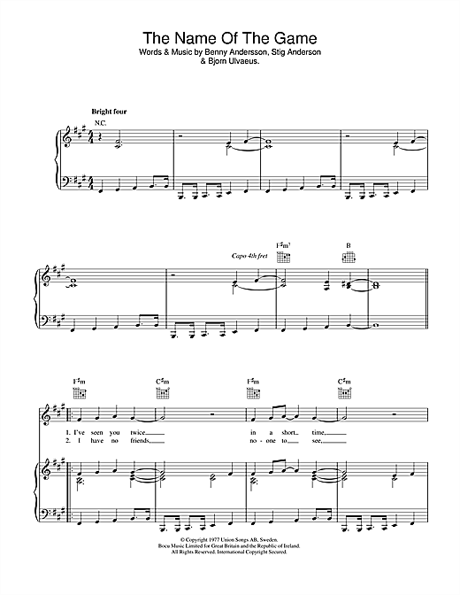 Learn to play ABBA The Name Of The Game sheet music for Piano Chords/Lyrics in minutes. ABBA The Name Of The Game sheet music notes and chords