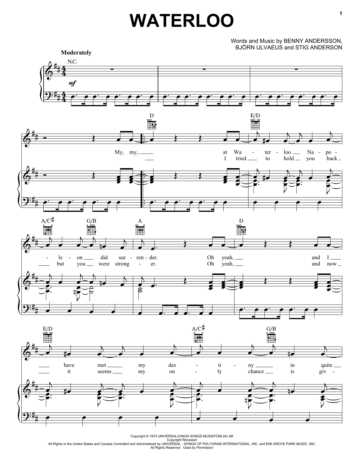 ABBA Waterloo sheet music notes and chords - Download Printable PDF and start playing in minutes.