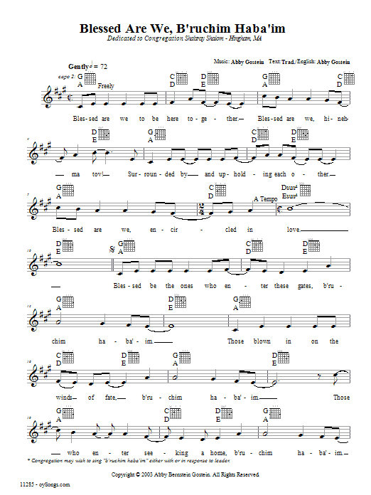 Abby Gostein B'ruchim Habaim sheet music notes and chords. Download Printable PDF.