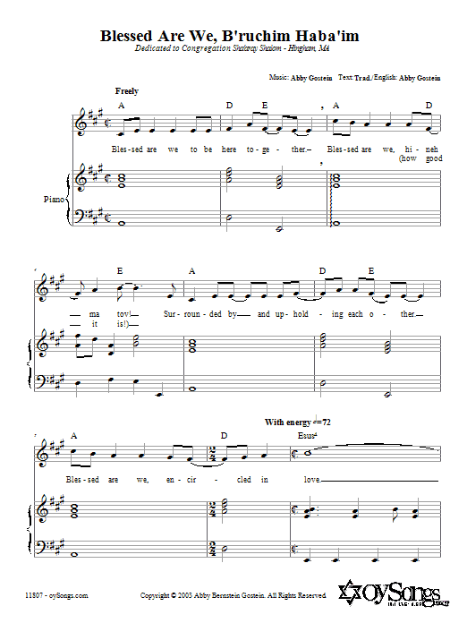 Learn to play Abby Gostein Blessed Are We, B'ruchim Haba'im sheet music for Piano, Vocal & Guitar Chords (Right-Hand Melody) in minutes. Price: 6.9900$ Abby Gostein Blessed Are We, B'ruchim Haba'im sheet music notes and chords arranged for Piano, Vocal & Guitar Chords (Right-Hand Melody)