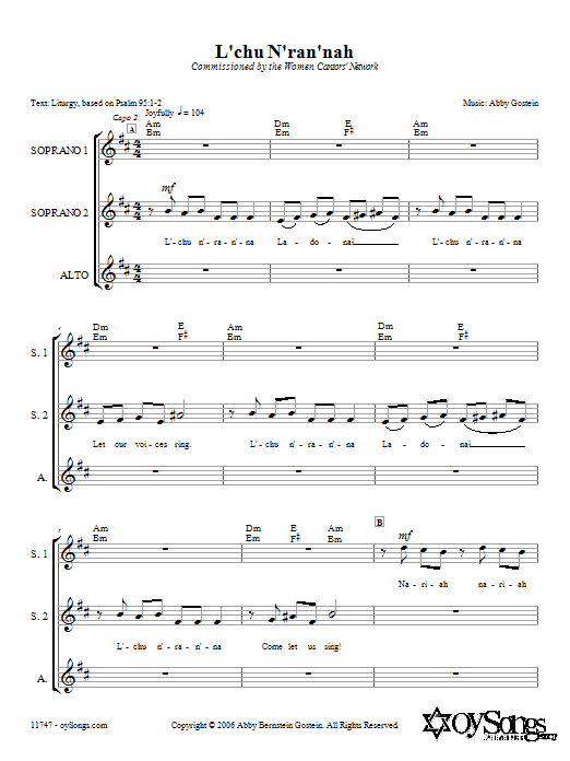 Learn to play Abby Gostein L'chu N'ran'nah sheet music for SSA Choir in minutes. Price: 3.9900$ Abby Gostein L'chu N'ran'nah sheet music notes and chords arranged for SSA Choir