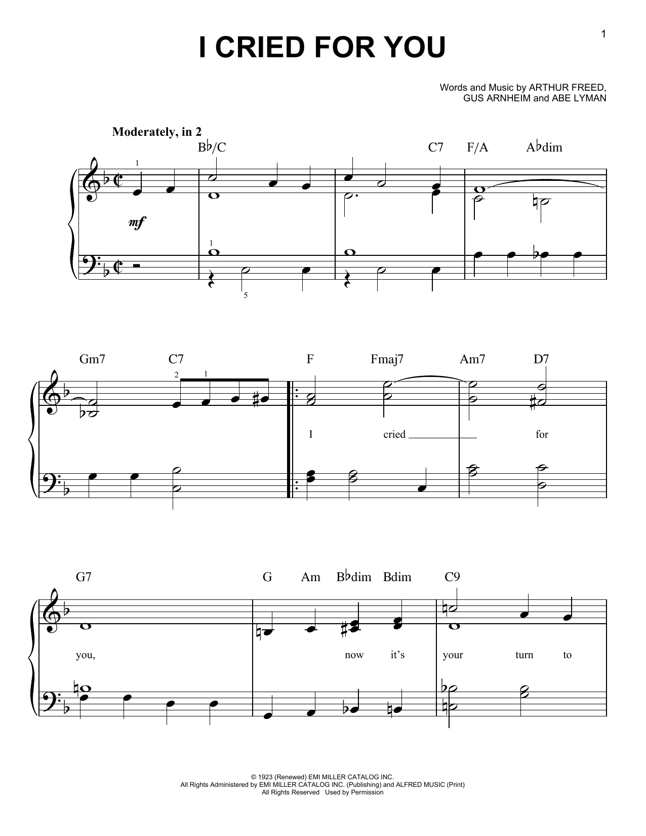Abe Lyman I Cried For You sheet music notes and chords. Download Printable PDF.