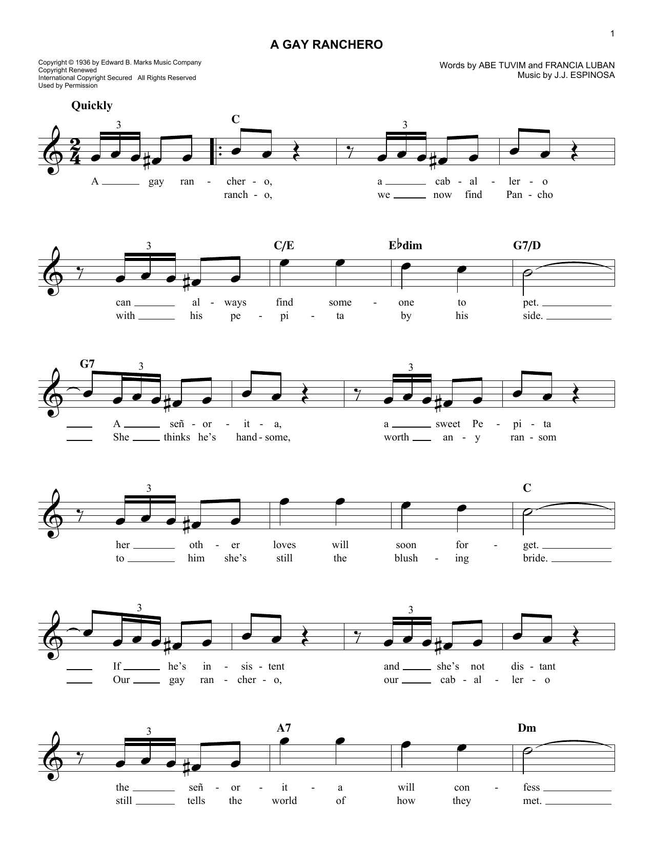 Abe Tuvim A Gay Ranchero sheet music notes and chords. Download Printable PDF.