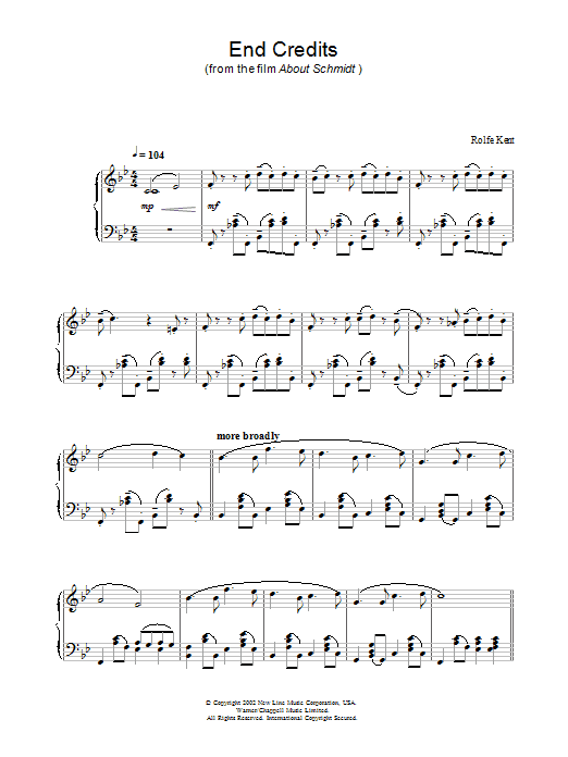 Rolfe Kent End Credits from About Schmidt sheet music notes and chords. Download Printable PDF.