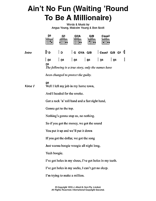 Learn to play AC/DC Ain't No Fun (Waiting Around To Be A Millionaire) sheet music for Guitar Tab in minutes. Price: 7.8900$ AC/DC Ain't No Fun (Waiting Around To Be A Millionaire) sheet music notes and chords arranged for Guitar Tab