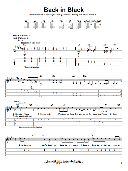 AC/DC Back In Black sheet music notes and chords. Download Printable PDF.