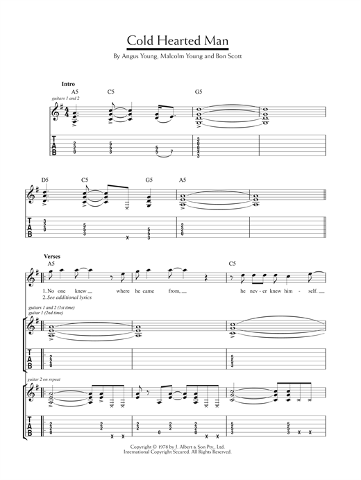 AC/DC Cold Hearted Man sheet music notes and chords. Download Printable PDF.