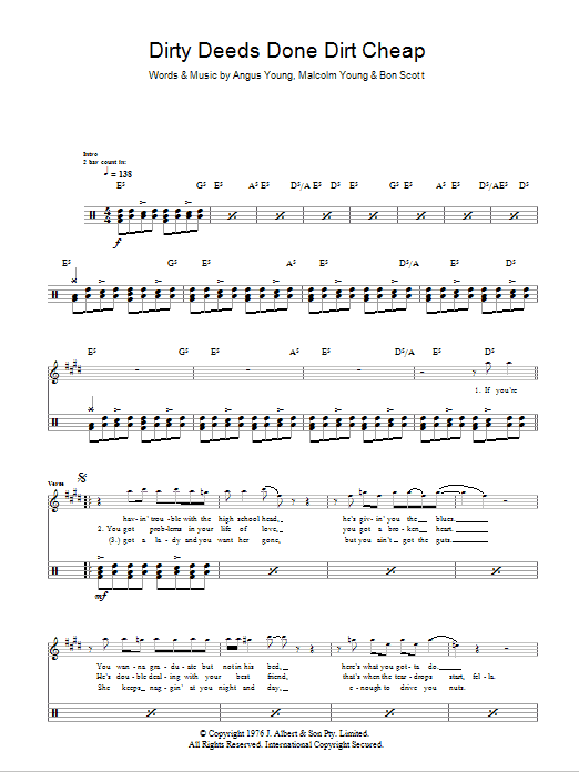 Learn to play AC/DC Dirty Deeds Done Dirt Cheap sheet music for Lead Sheet / Fake Book in minutes. Price: 5.9900$ AC/DC Dirty Deeds Done Dirt Cheap sheet music notes and chords arranged for Lead Sheet / Fake Book