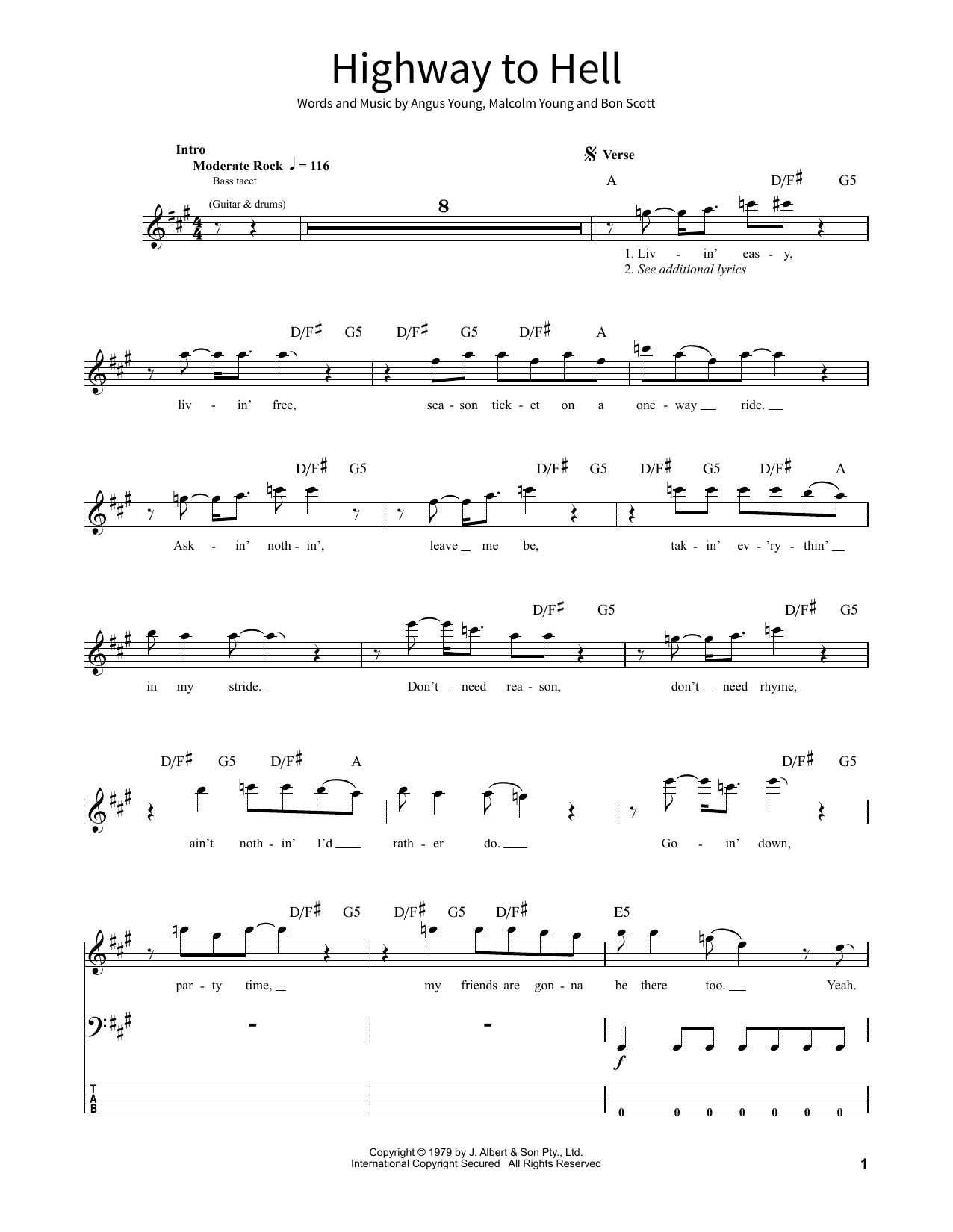 AC/DC Highway To Hell sheet music notes and chords. Download Printable PDF.
