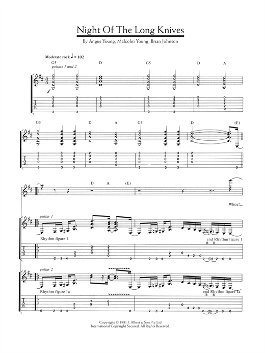 Learn to play AC/DC Night Of The Long Knives sheet music for Guitar Tab in minutes. AC/DC Night Of The Long Knives sheet music notes and chords. Download Printable PDF.
