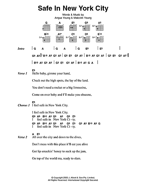 Learn to play AC/DC Safe In New York City sheet music for Guitar Tab in minutes. AC/DC Safe In New York City sheet music notes and chords. Download Printable PDF.