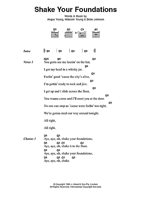 AC/DC Shake Your Foundations sheet music notes and chords. Download Printable PDF.