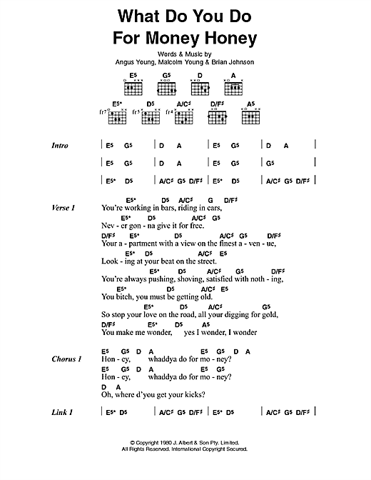 Learn to play AC/DC What Do You Do For Money, Honey? sheet music for Guitar Tab in minutes. Price: 7.8900$ AC/DC What Do You Do For Money, Honey? sheet music notes and chords arranged for Guitar Tab