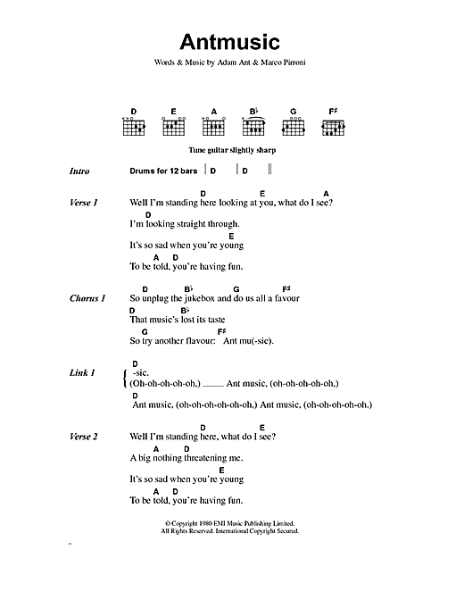 Learn to play Adam and the Ants Antmusic sheet music for Guitar Chords/Lyrics in minutes. Adam and the Ants Antmusic sheet music notes and chords. Download Printable PDF.