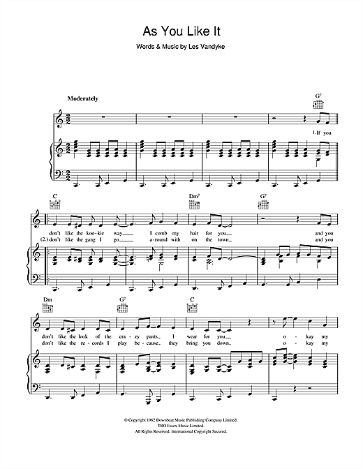 Learn to play Adam Faith As You Like It sheet music for Piano, Vocal & Guitar (Right-Hand Melody) in minutes. Adam Faith As You Like It sheet music notes and chords. Download Printable PDF.