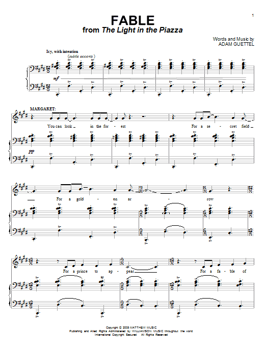 Learn to play Adam Guettel Fable (from The Light In The Piazza) sheet music for Piano & Vocal in minutes. Adam Guettel Fable (from The Light In The Piazza) sheet music notes and chords. Download Printable PDF.