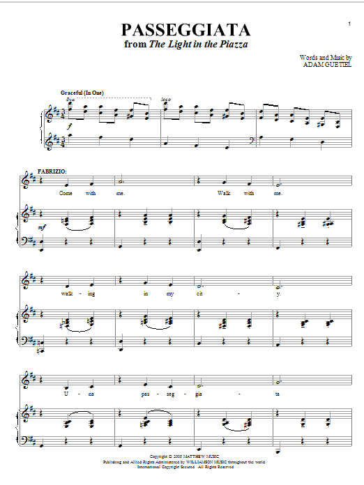 Learn to play Adam Guettel Passeggiata sheet music for Piano & Vocal in minutes. Adam Guettel Passeggiata sheet music notes and chords
