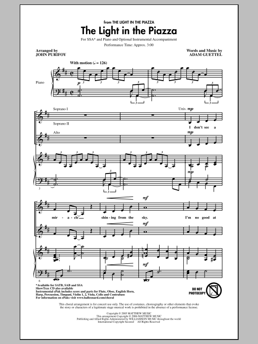 Adam Guettel The Light In The Piazza (arr. John Purifoy) sheet music notes and chords. Download Printable PDF.
