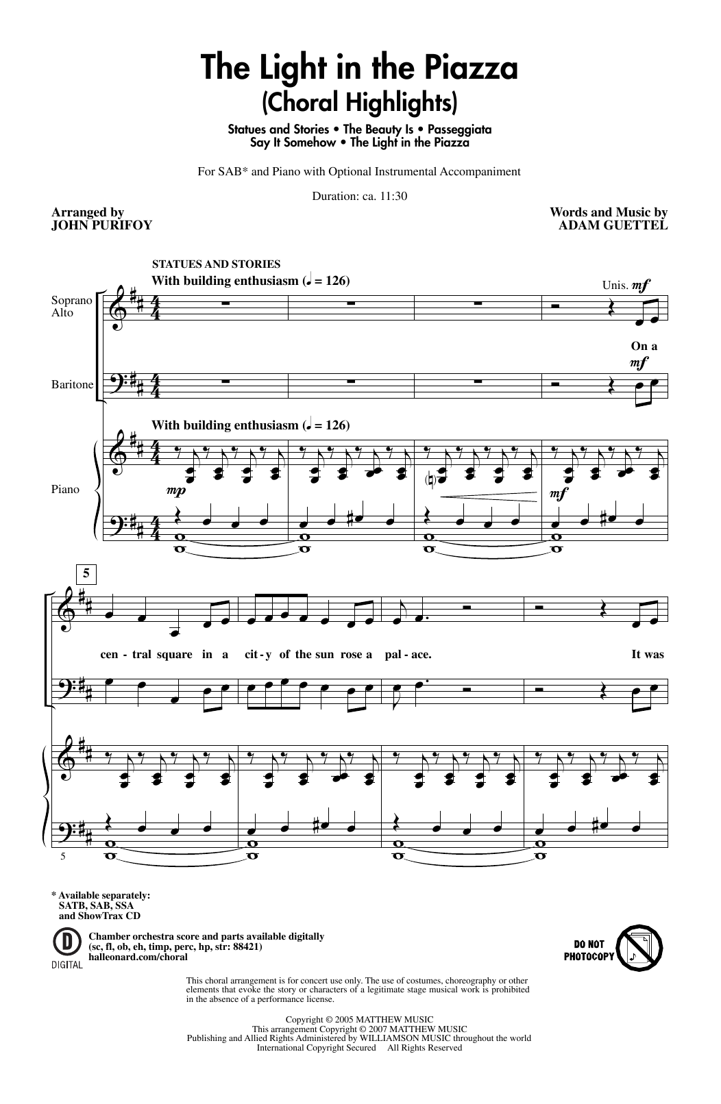 Adam Guettel The Light In The Piazza (Choral Highlights) (arr. John Purifoy) sheet music notes and chords. Download Printable PDF.