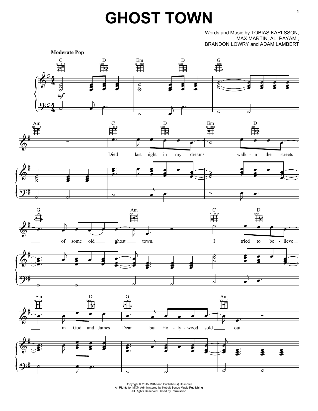 Adam Lambert "Ghost Town" Sheet Music PDF Notes, Chords | Pop.