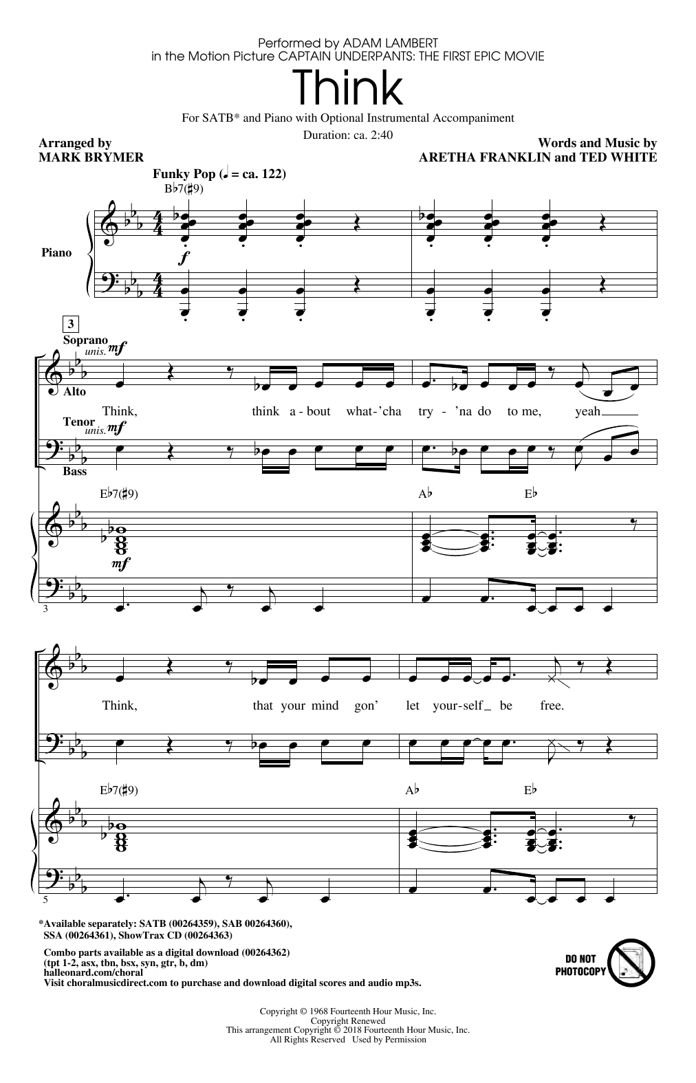 Adam Lambert Think (from Captain Underpants: The First Epic Movie) (Arr. Mark Brymer) sheet music notes and chords. Download Printable PDF.