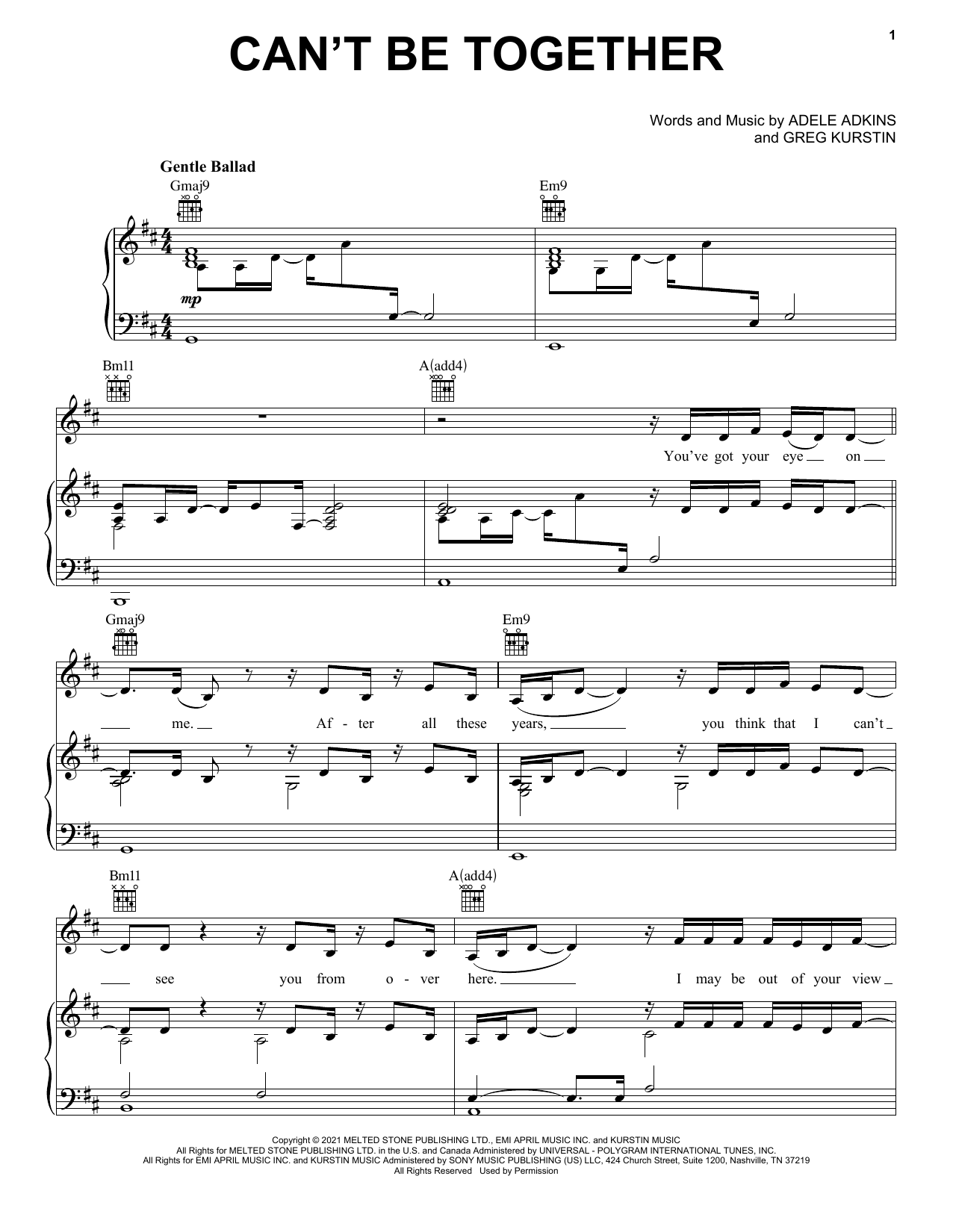 Adele Can't Be Together sheet music notes and chords. Download Printable PDF.