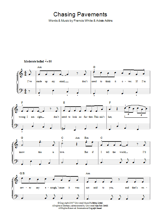 Adele Chasing Pavements sheet music notes and chords. Download Printable PDF.