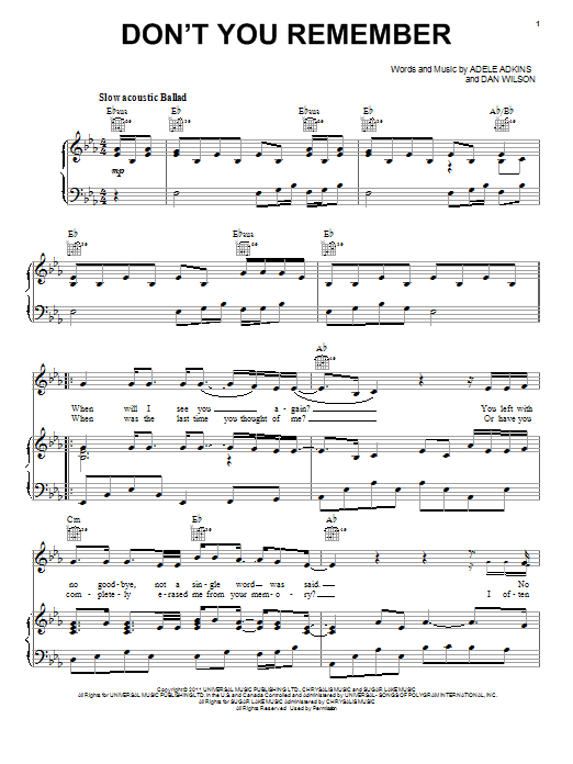 Adele Don't You Remember sheet music notes and chords. Download Printable PDF.