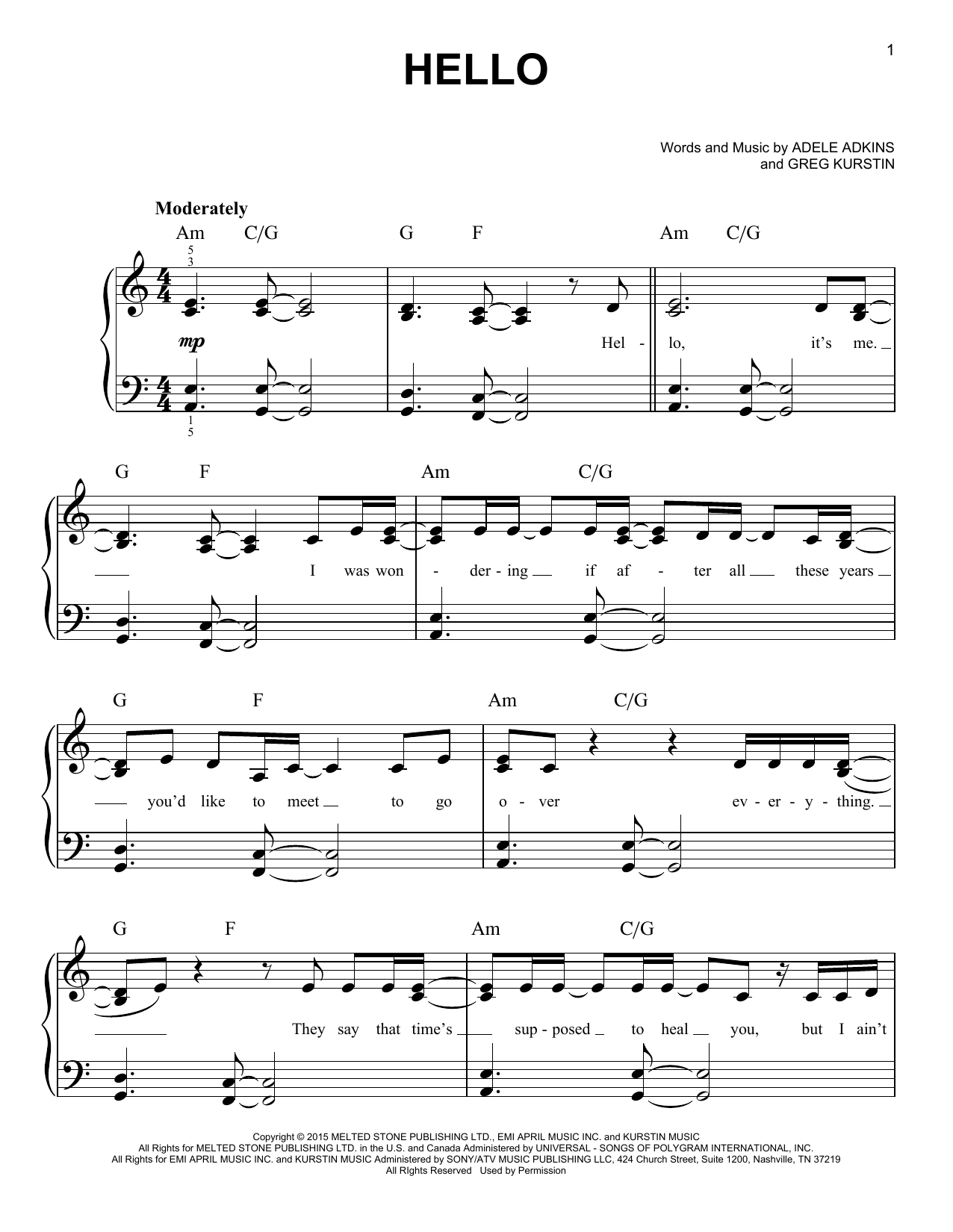 Adele Hello Sheet Music Pdf Notes Chords Pop Score Guitar Chords Lyrics Download Printable Sku