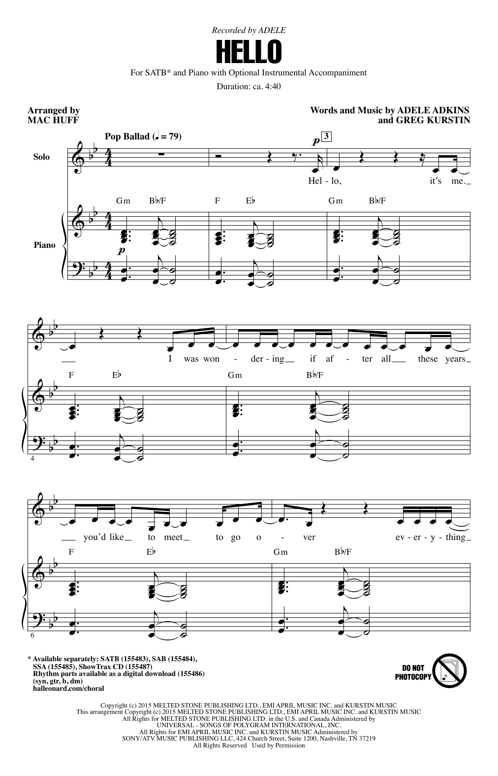 Adele Hello Arr Mac Huff Sheet Music Pdf Notes Chords Pop Score Satb Choir Download Printable Sku 162393