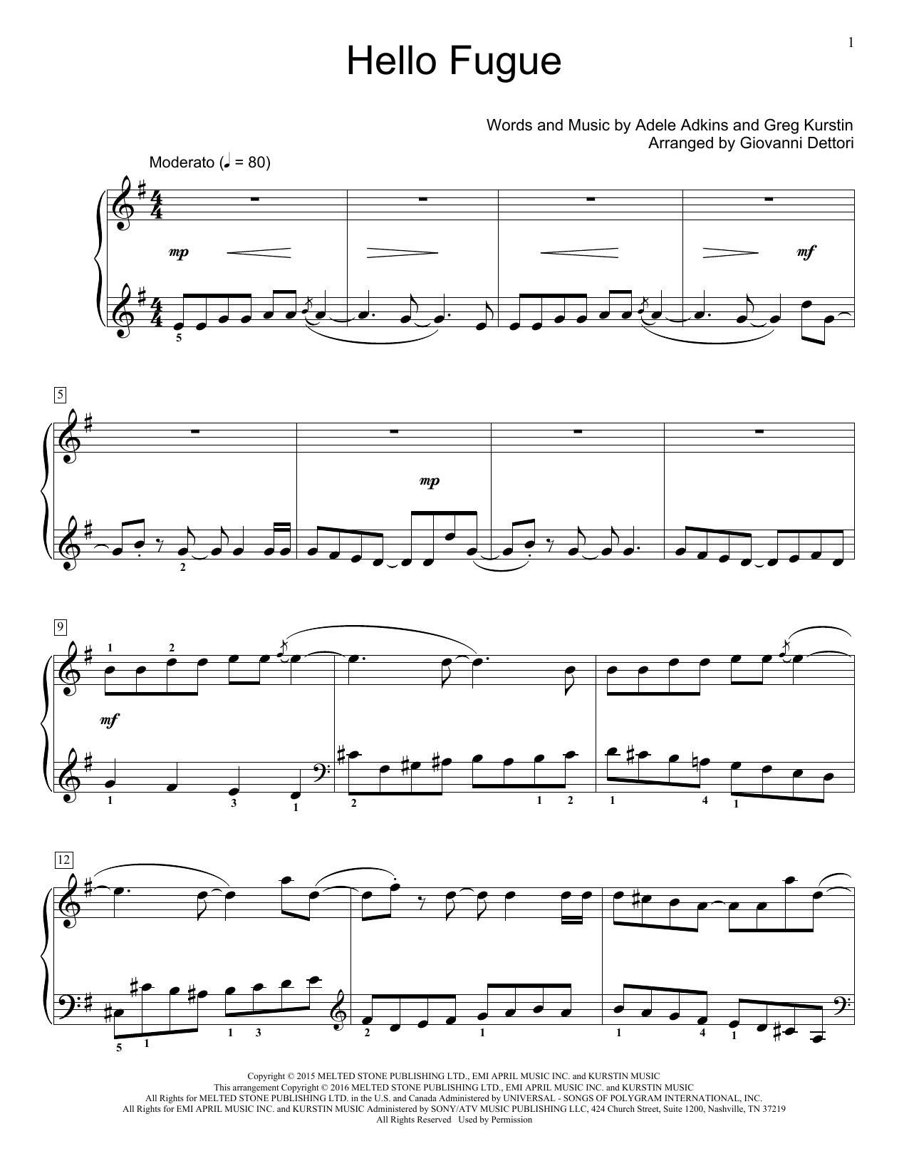 Adele Hello Fugue Arr Giovanni Deltori Sheet Music Pdf Notes Chords Pop Score Educational Piano Download Printable Sku 175371