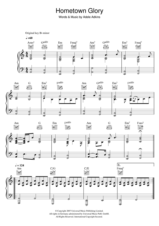 Adele Hometown Glory sheet music notes and chords. Download Printable PDF.