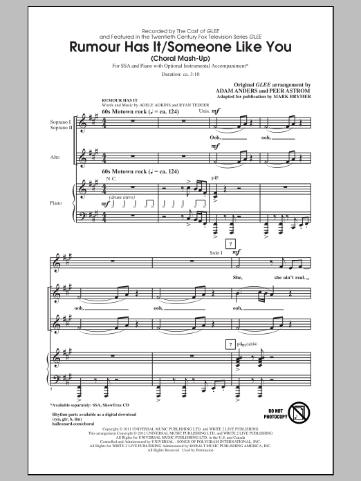 Adele Rumour Has It Someone Like You Arr Mark Brymer Sheet Music Pdf Notes Chords Rock 