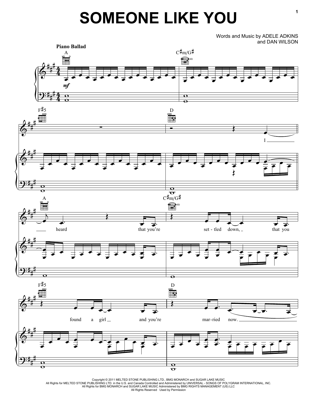 Adele Someone Like You sheet music notes and chords. Download Printable PDF.