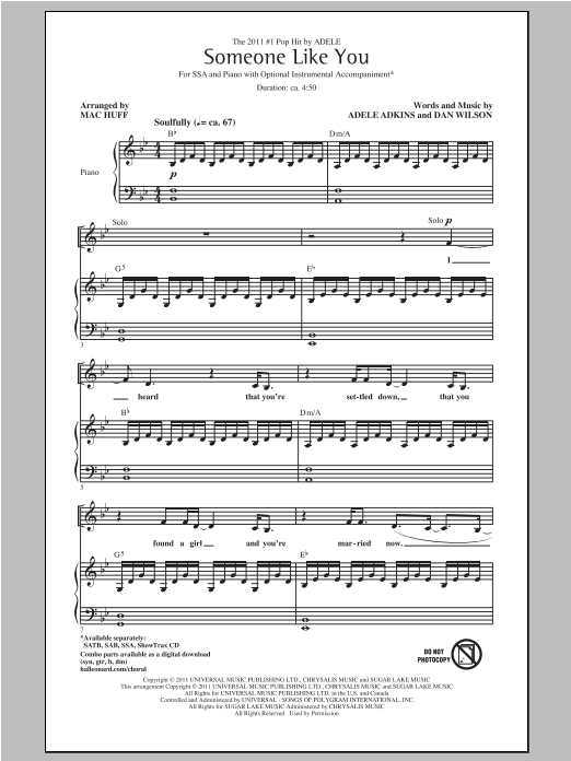 Adele Someone Like You Arr Mac Huff Sheet Music Pdf Notes Chords Pop Score Sab Choir Download Printable Sku 924