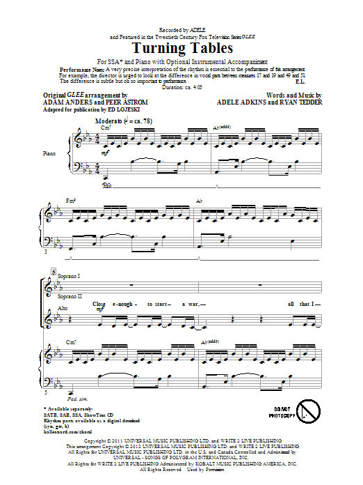 Adele Turning Tables Arr Ed Lojeski Sheet Music Pdf Notes Chords Rock Score Ssa Choir Download Printable Sku 89937