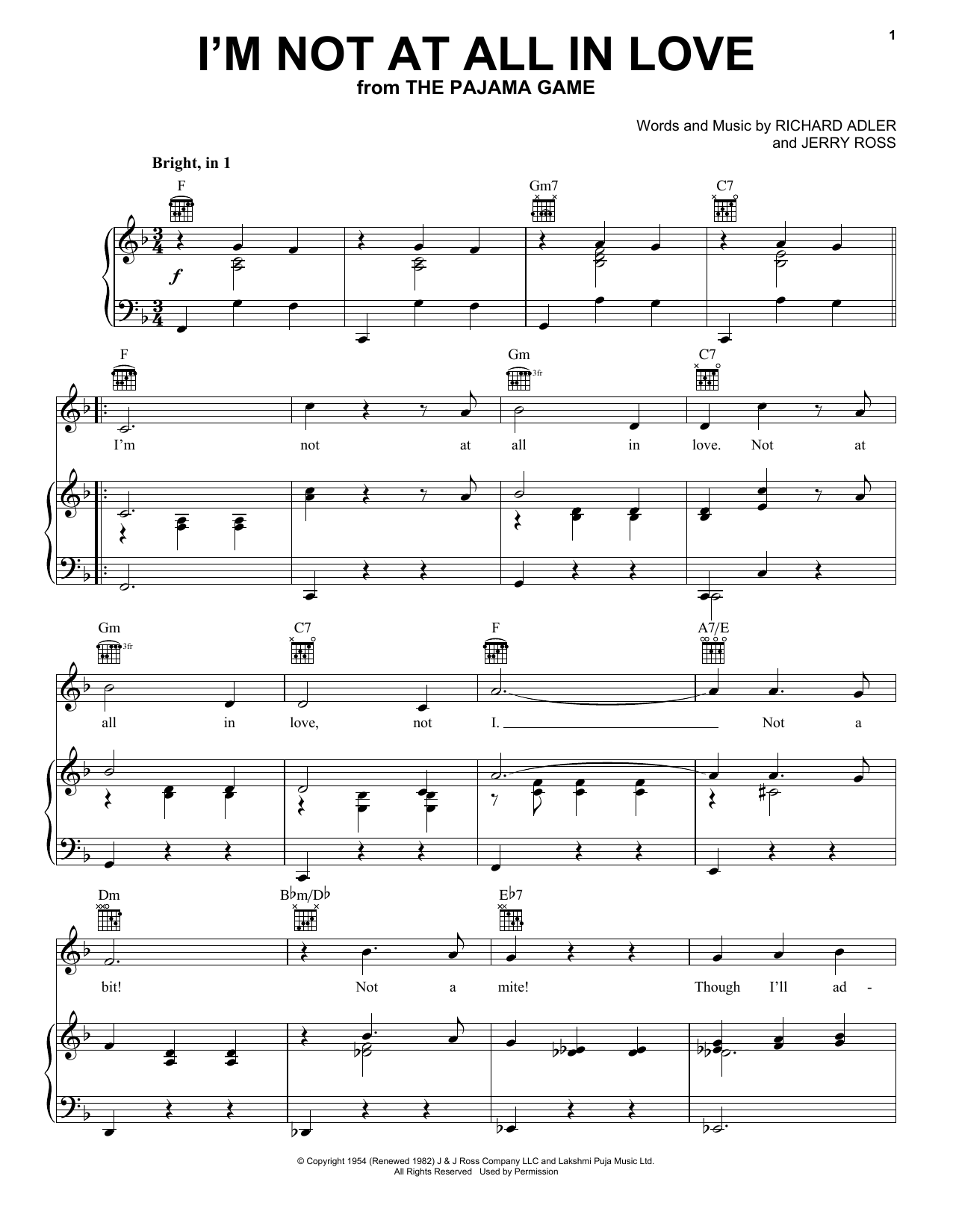 Learn to play Adler & Ross I'm Not At All In Love sheet music for Piano, Vocal & Guitar Chords (Right-Hand Melody) in minutes. Price: 7.8900$ Adler & Ross I'm Not At All In Love sheet music notes and chords arranged for Piano, Vocal & Guitar Chords (Right-Hand Melody)