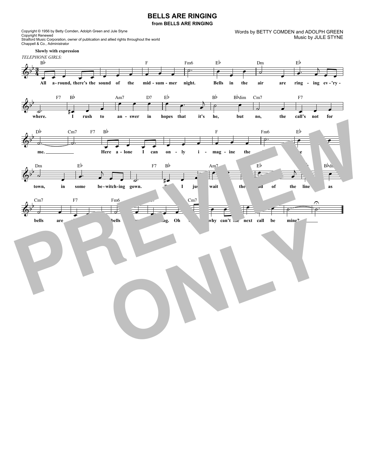 Adolph Green Bells Are Ringing sheet music notes and chords. Download Printable PDF.