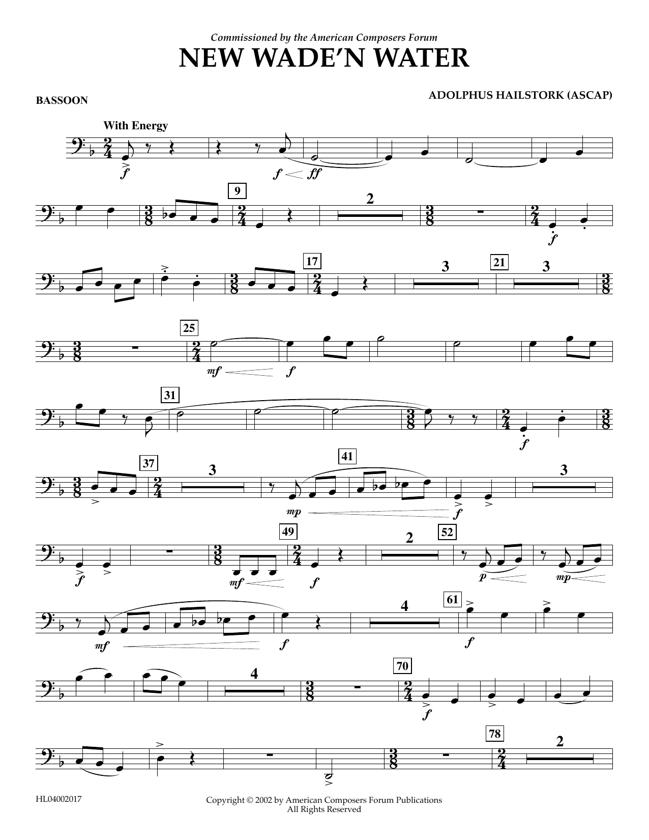 Learn to play Adolphus Hailstork New Wade 'n Water - Bassoon sheet music for Concert Band in minutes. Price: 5.9900$ Adolphus Hailstork New Wade 'n Water - Bassoon sheet music notes and chords arranged for Concert Band