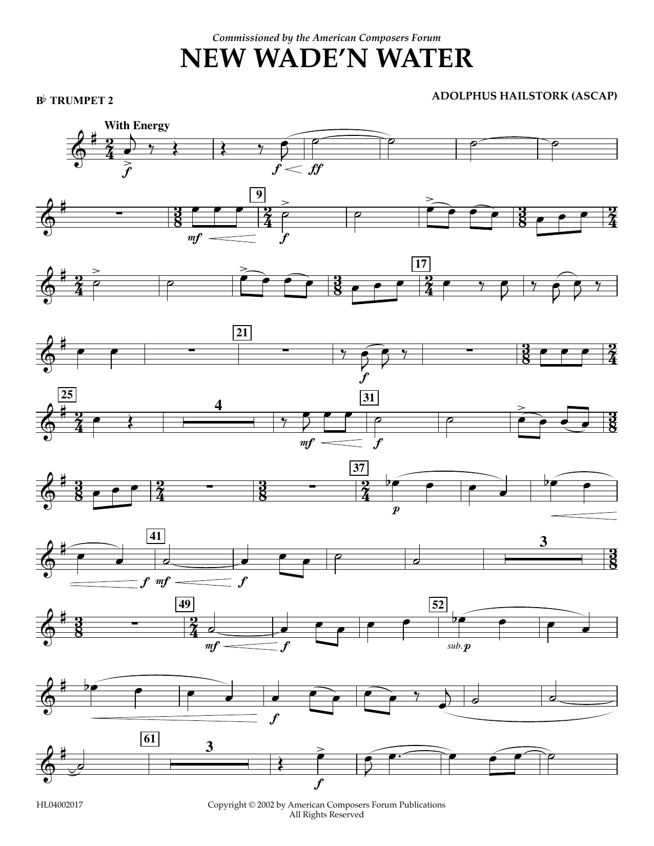 Learn to play Adolphus Hailstork New Wade 'n Water - Bb Trumpet 2 sheet music for Concert Band in minutes. Price: 5.9900$ Adolphus Hailstork New Wade 'n Water - Bb Trumpet 2 sheet music notes and chords arranged for Concert Band