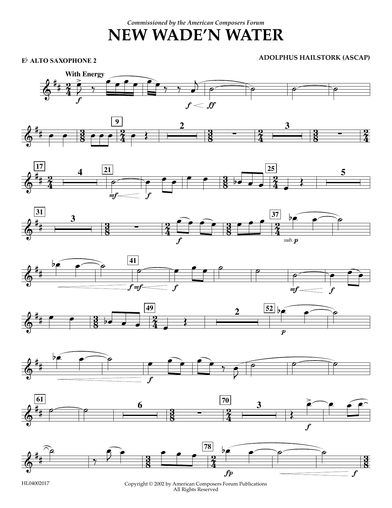 Learn to play Adolphus Hailstork New Wade 'n Water - Eb Alto Saxophone 2 sheet music for Concert Band in minutes. Price: 5.9900$ Adolphus Hailstork New Wade 'n Water - Eb Alto Saxophone 2 sheet music notes and chords arranged for Concert Band