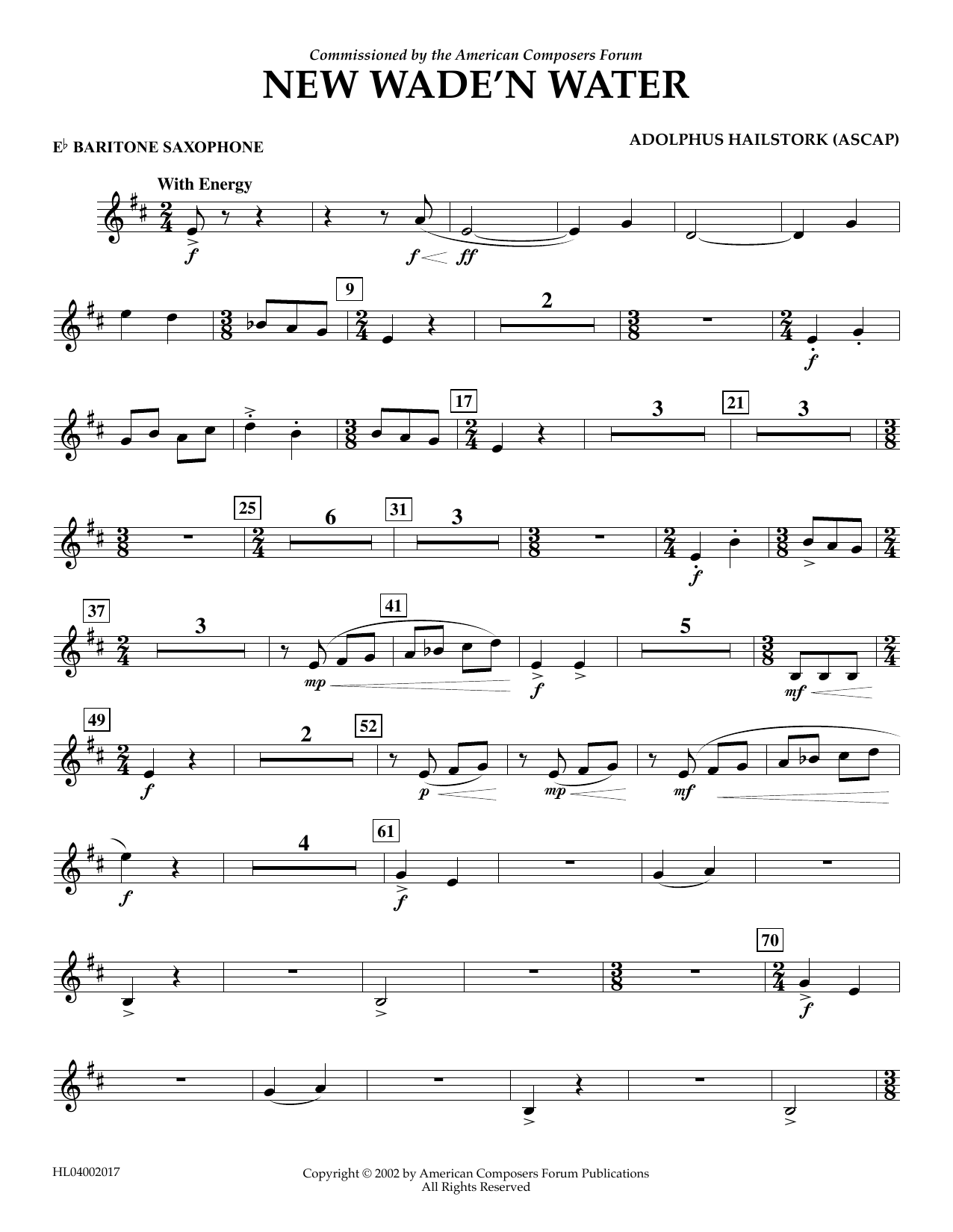 Learn to play Adolphus Hailstork New Wade 'n Water - Eb Baritone Saxophone sheet music for Concert Band in minutes. Price: 5.9900$ Adolphus Hailstork New Wade 'n Water - Eb Baritone Saxophone sheet music notes and chords arranged for Concert Band