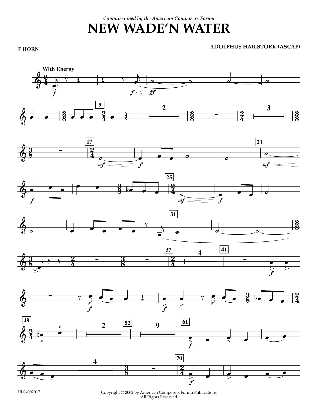 Learn to play Adolphus Hailstork New Wade 'n Water - F Horn sheet music for Concert Band in minutes. Price: 5.9900$ Adolphus Hailstork New Wade 'n Water - F Horn sheet music notes and chords arranged for Concert Band