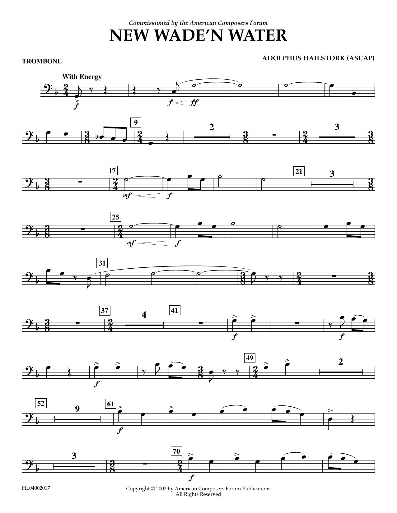 Learn to play Adolphus Hailstork New Wade 'n Water - Trombone sheet music for Concert Band in minutes. Price: 5.9900$ Adolphus Hailstork New Wade 'n Water - Trombone sheet music notes and chords arranged for Concert Band